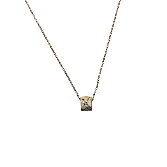 Sterling Silver White Lab Opal Rose Gold And CZ Barrel Bead Pendant