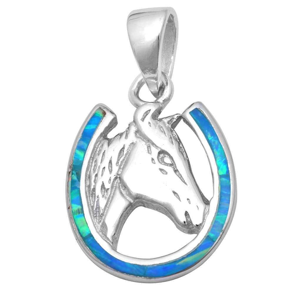 Sterling Silver Blue Lab Opal 925 Horse Pendant