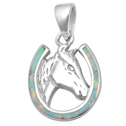 Sterling Silver White Lab Opal 925 Horse Pendant