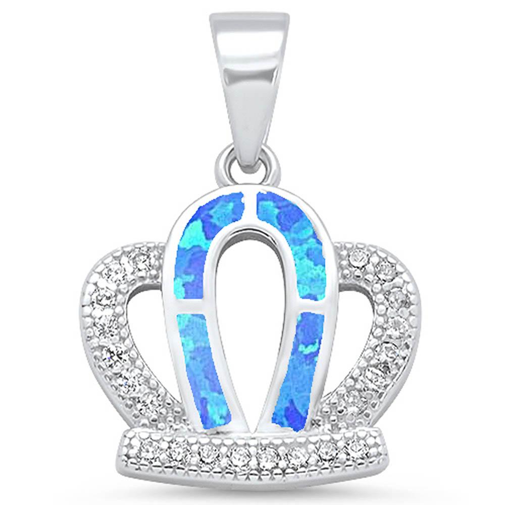 Sterling Silver Blue Lab Opal CZ 925 Royal Crown Pendant